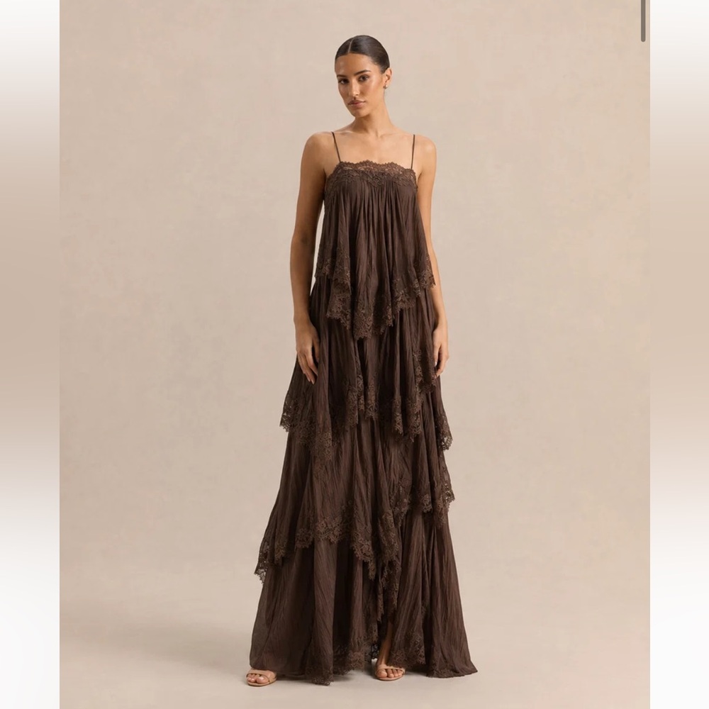 Vogue Chocolate Brown Tiered Lace Maxi Dress